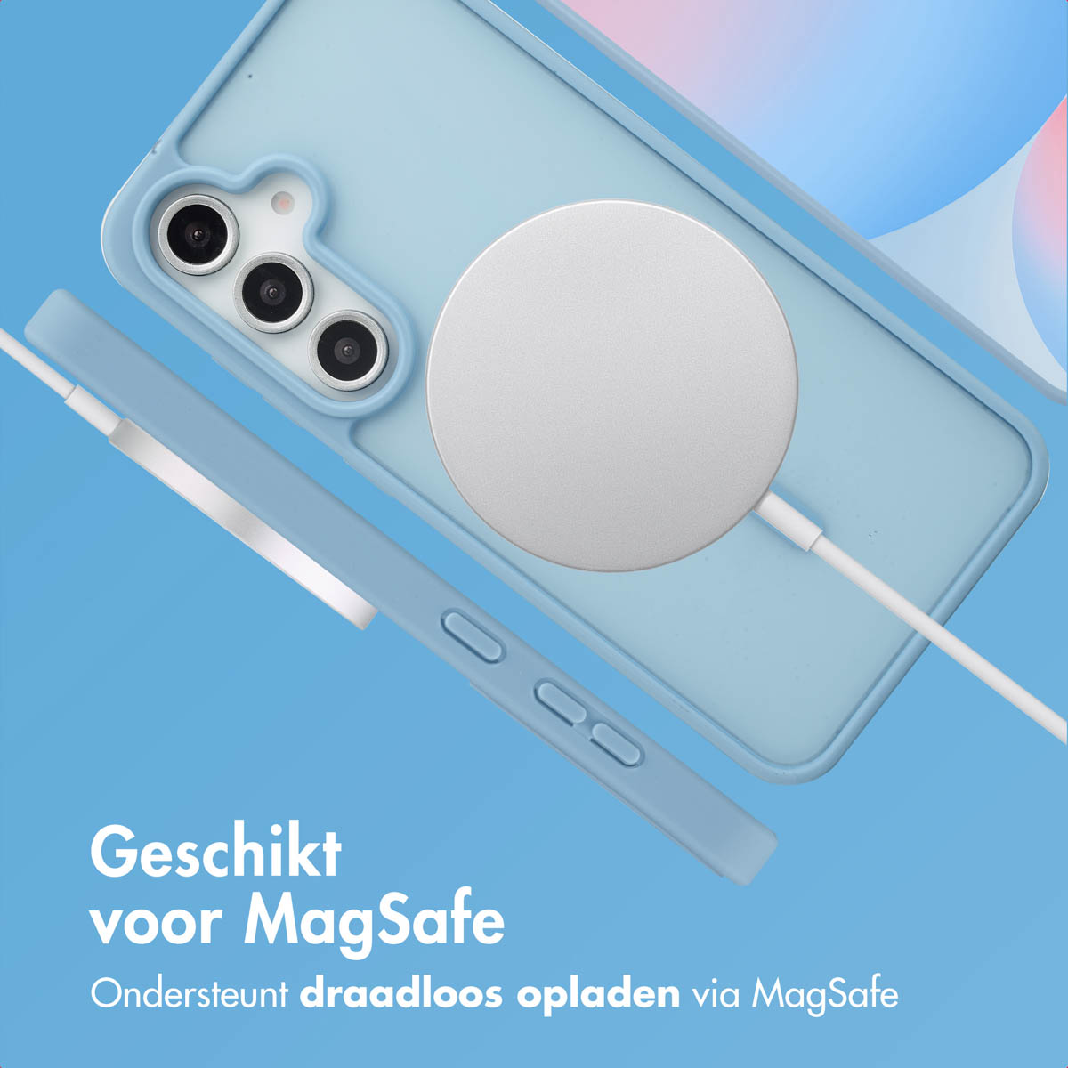Téléphone bleu avec étui, chargeur MagSafe. Chargeur argenté, câble blanc. Texte : Compatible MagSafe.