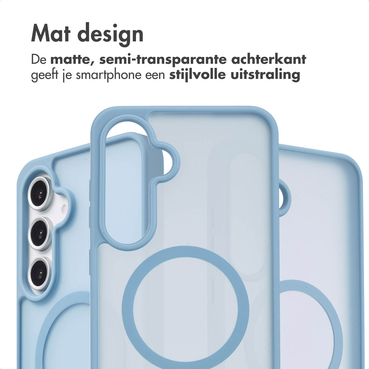 Coque de téléphone bleue avec téléphone. La coque montre un anneau MagSafe bleu.