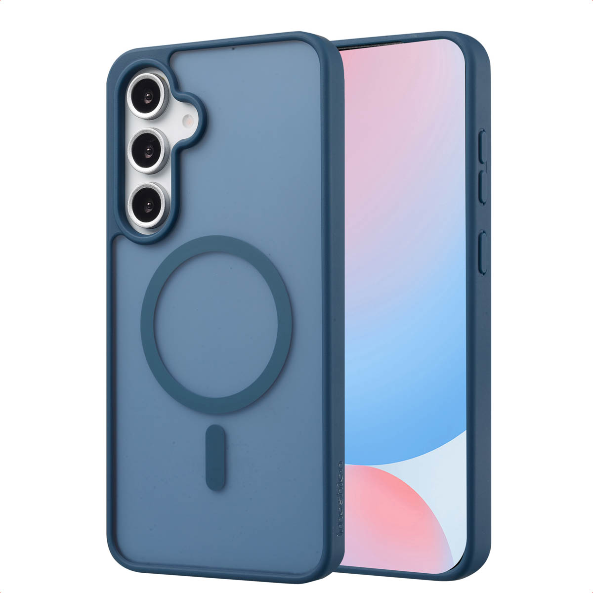 Blauwe telefoonhoes met telefoon, heeft een cirkel en een lijn.