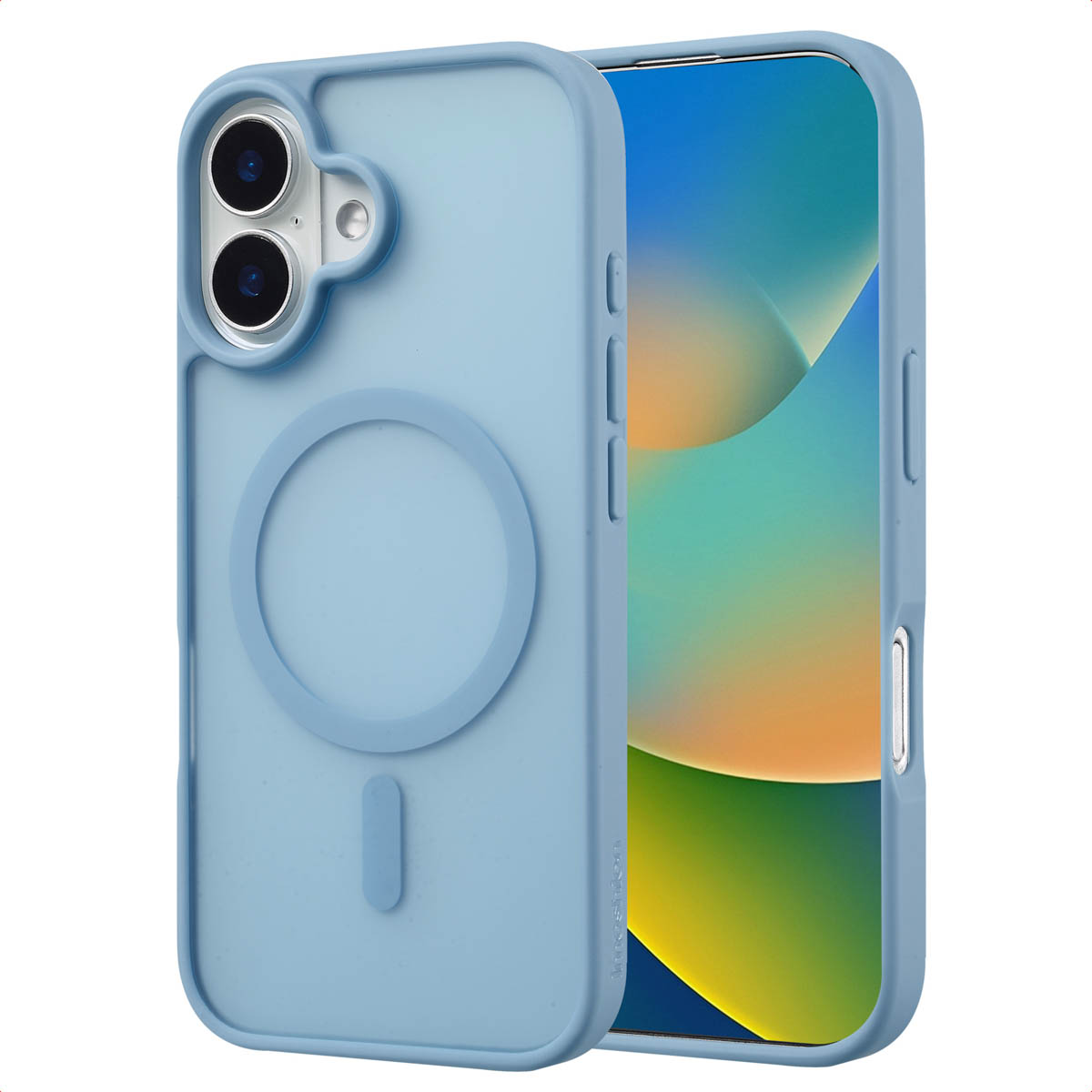 Coque de téléphone bleu clair avec un anneau bleu et un téléphone avec un écran bleu et blanc.