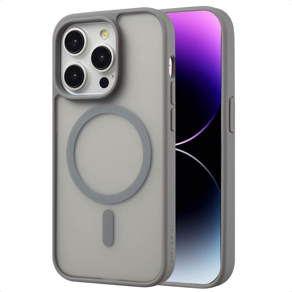 Coque grise pour iPhone avec cercle magnétique gris. Téléphone visible. Fond blanc.
