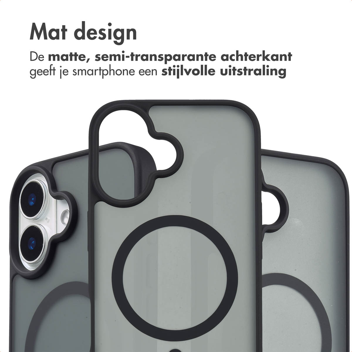 Drie telefoonhoesjes met een MagSafe-ring. De hoesjes zijn grijs en zwart.
