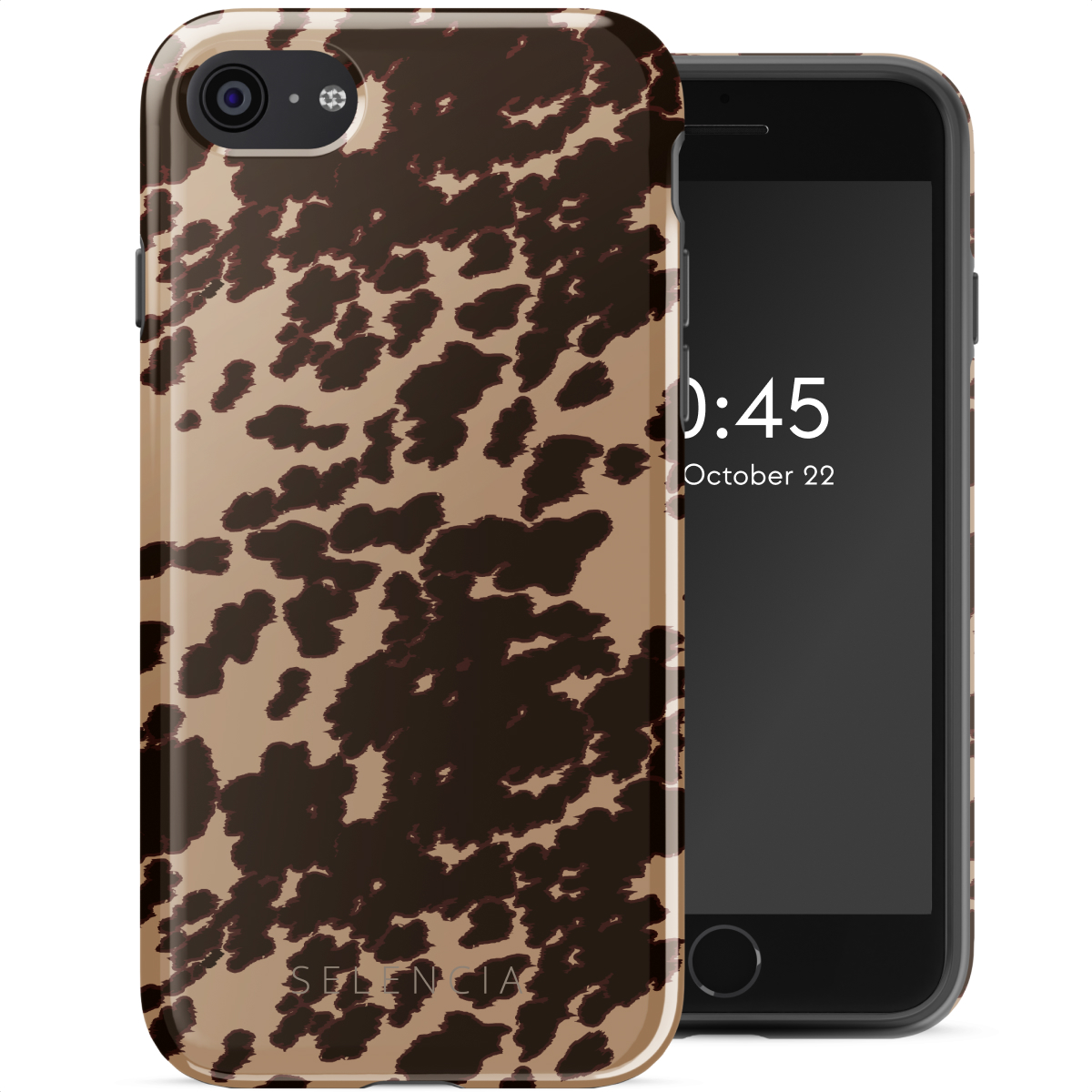 Een telefoon met een bruine en zwarte dierenprint hoes. De telefoon toont de tijd 10:45 oktober 22.
