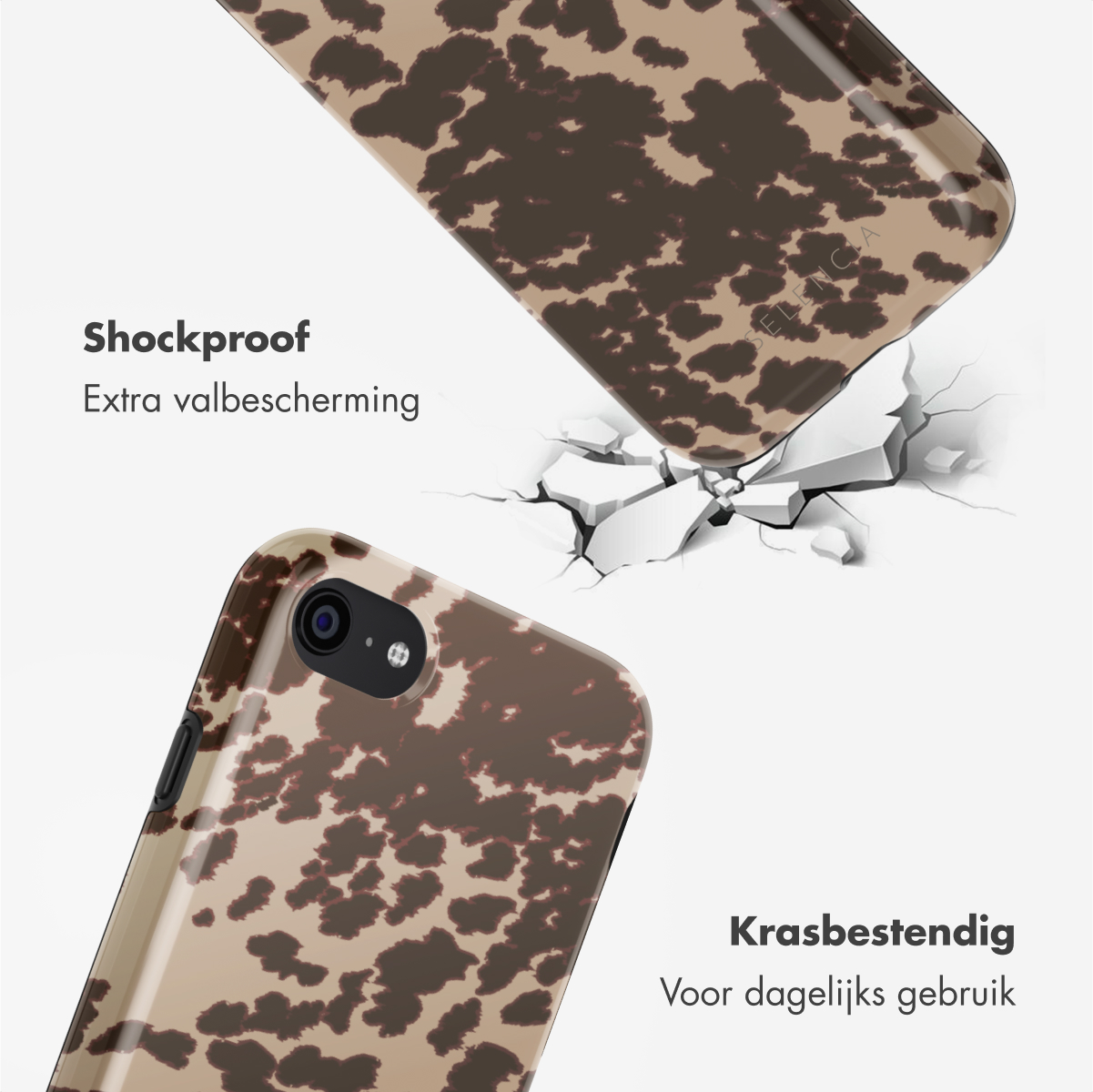 Twee telefoonhoesjes, een die valt, bruin en beige patroon. Telefoonhoesje onderaan, met vergelijkbaar patroon.