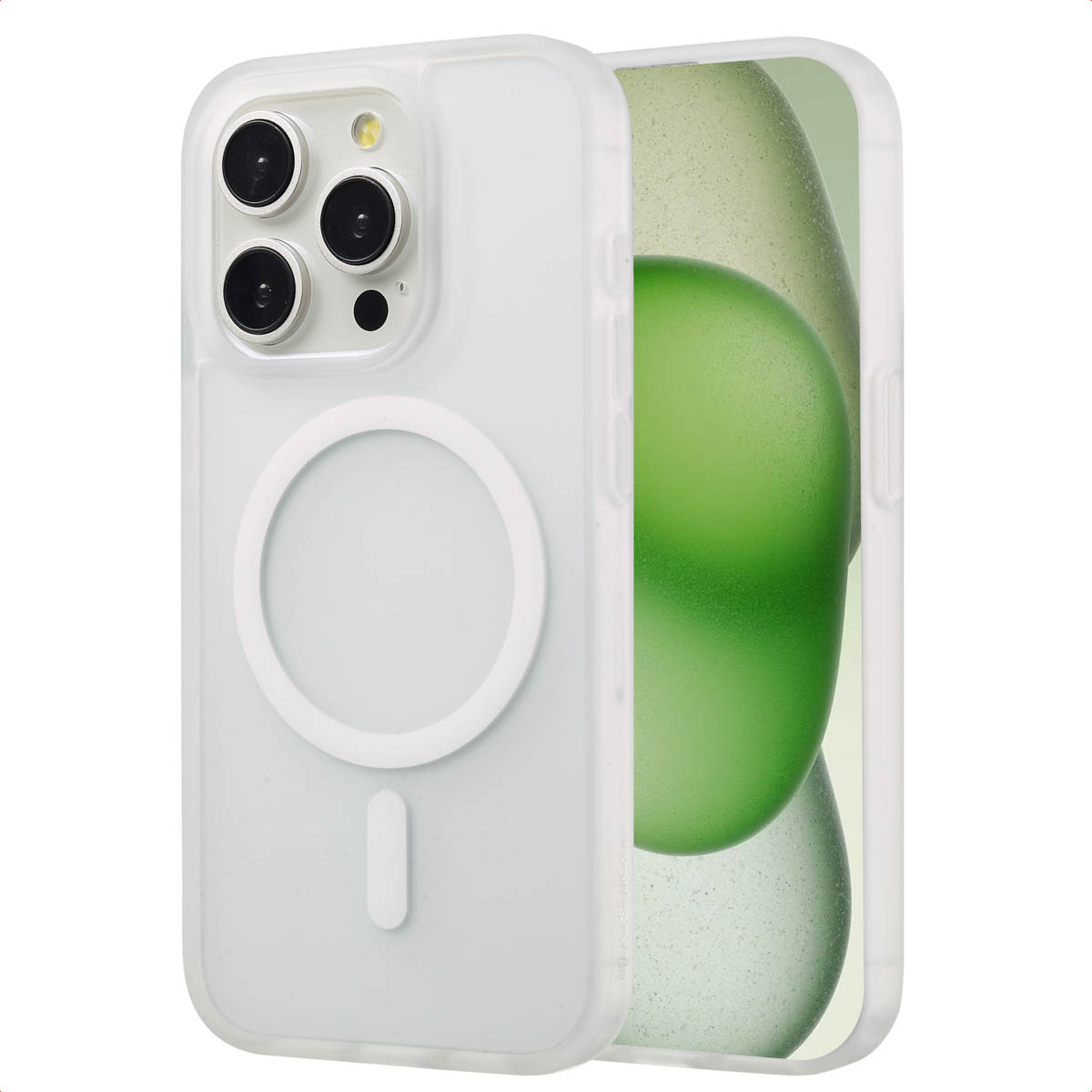 Een witte telefoonhoes met een cirkel en een lijn, met de telefoon erin, op een achtergrond.