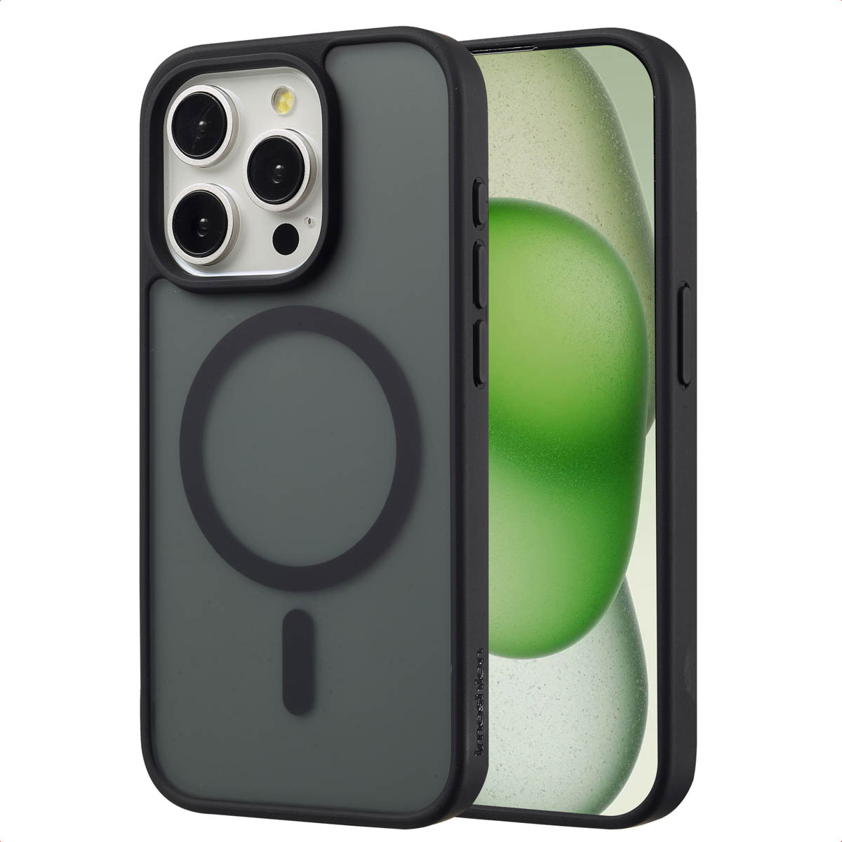 Zwarte telefoonhoes met een zwart frame en een magnetische ring. Het scherm van de telefoon is zichtbaar.
