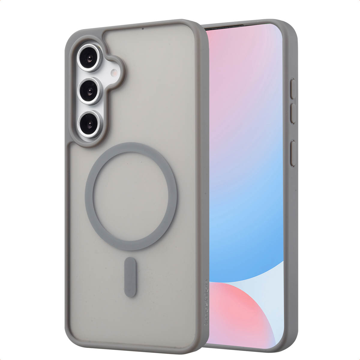 Coque de téléphone grise avec un anneau gris et un téléphone avec un écran bleu et blanc.