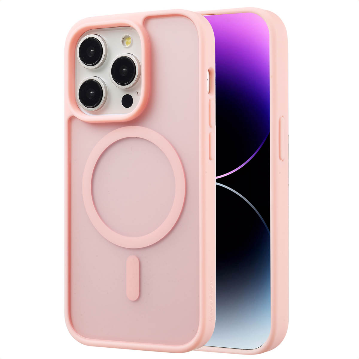 Een roze telefoonhoes, met een cirkel en een verticale balk op de achterkant.