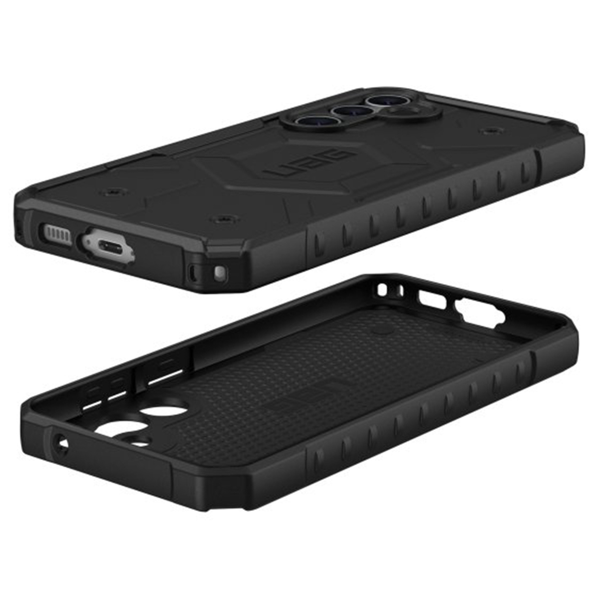 Zwarte telefoonhoes met robuust ontwerp, boven- en onderaanzicht, met camera-uitsparing en interieurtextuur.