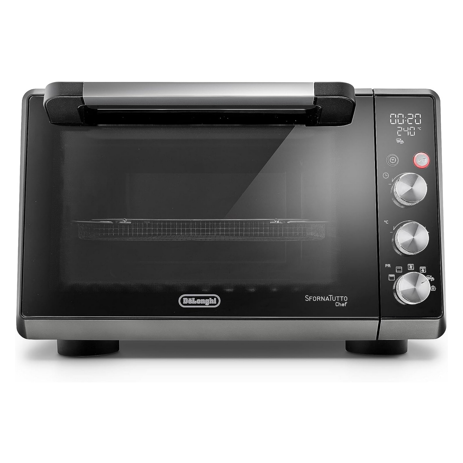 Czarny piekarnik ze szklanymi drzwiami, panelem sterowania i uchwytem.