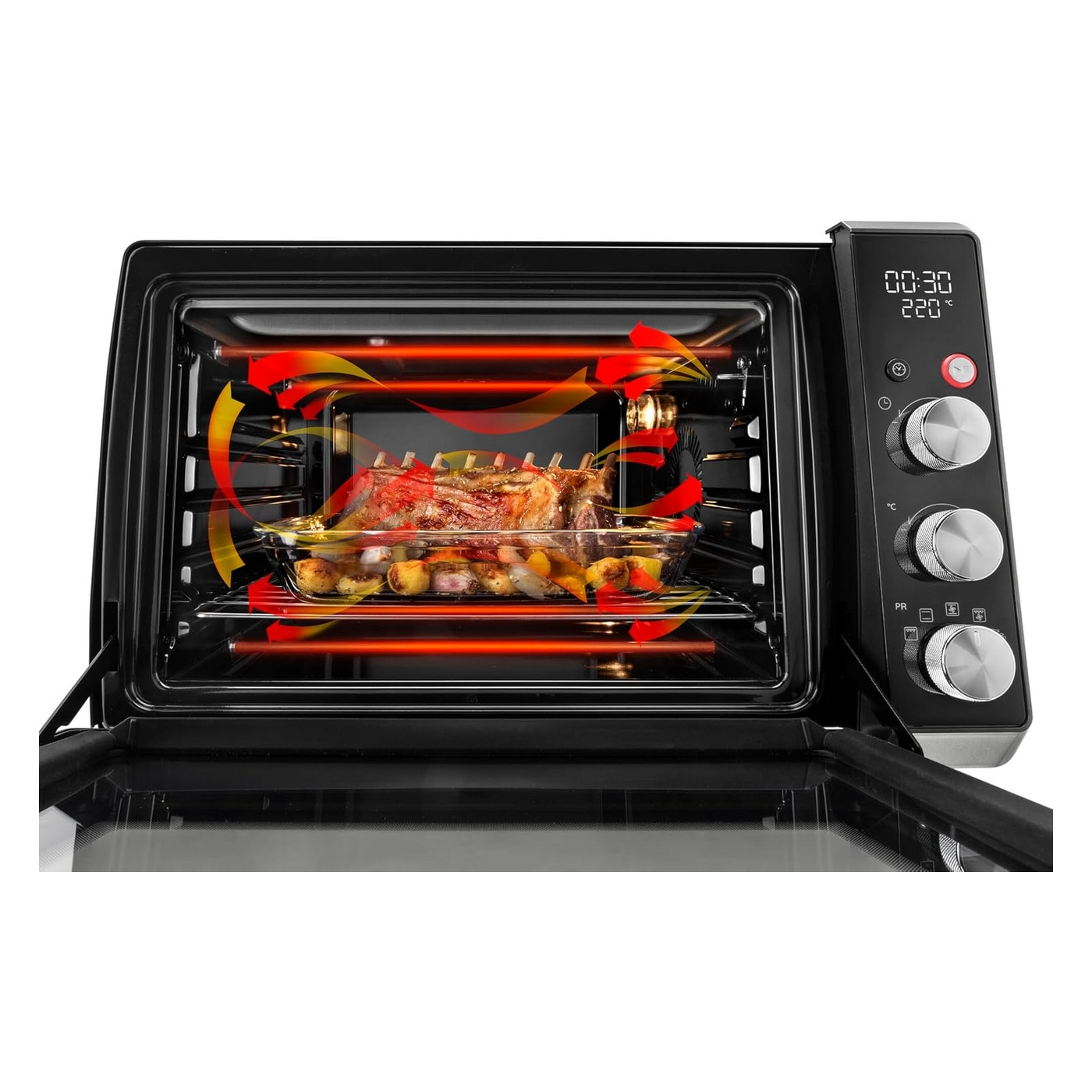 Piekarnik ze szklanymi drzwiami, pokazujący pieczeń w środku. Piekarnik jest otwarty, a tło białe.