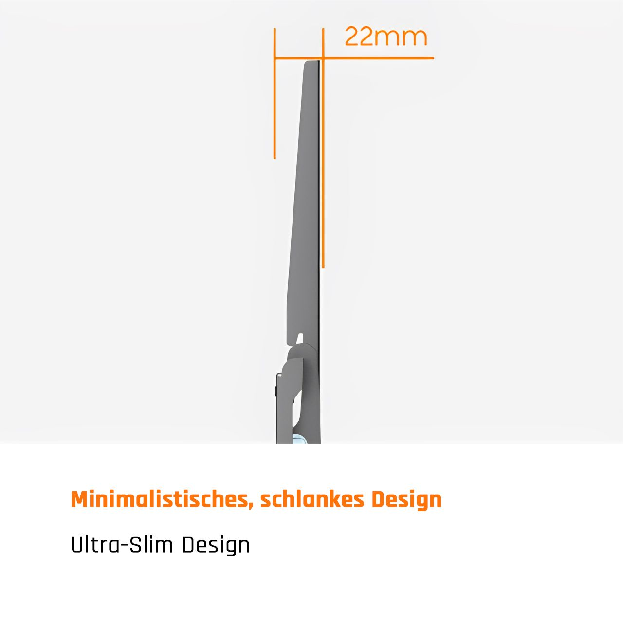 Seitenansicht eines Monitors, der seine 22 mm Dicke zeigt, mit Text darunter.