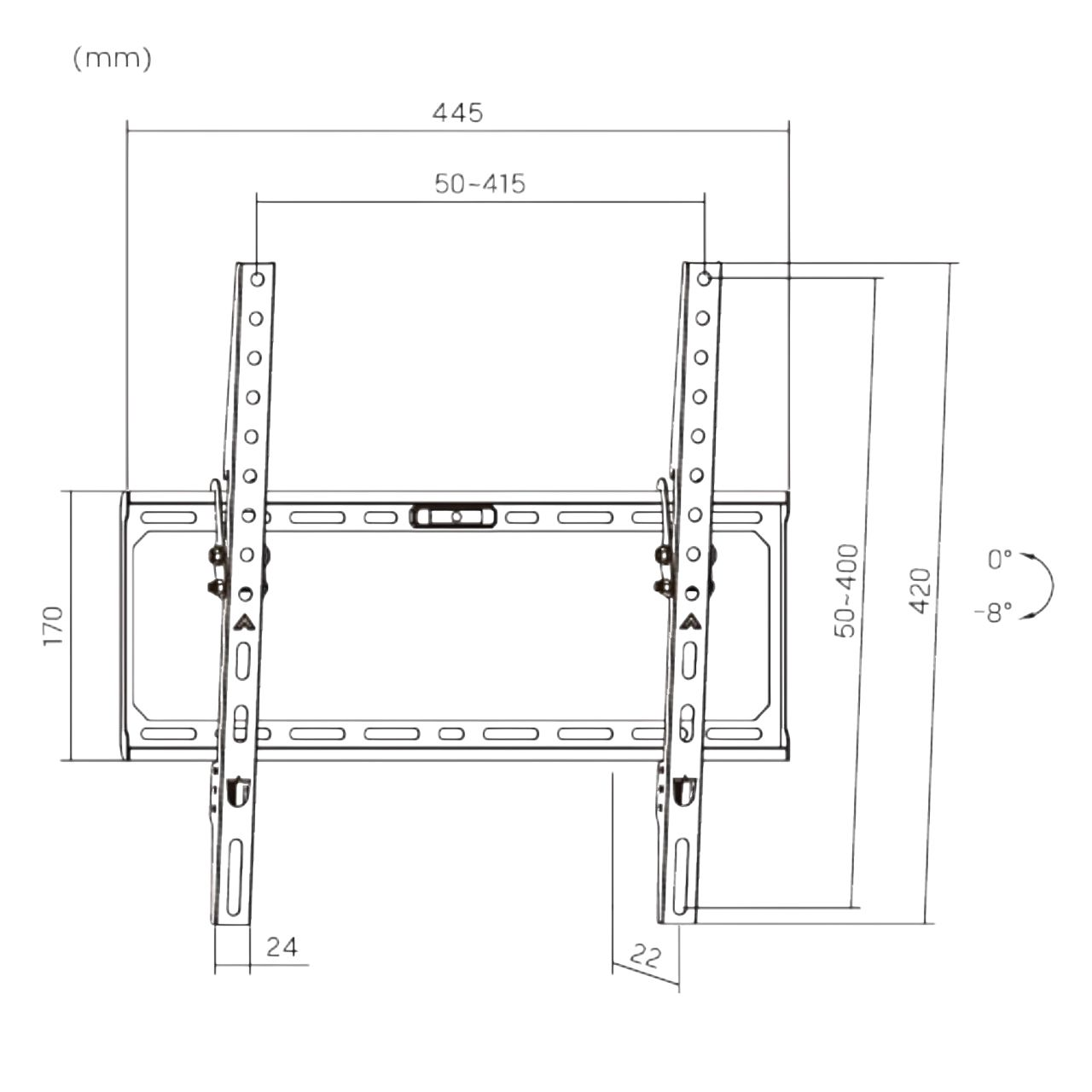 Diagramm einer TV-Halterung, das Abmessungen in mm und Winkel zur Einstellung zeigt.