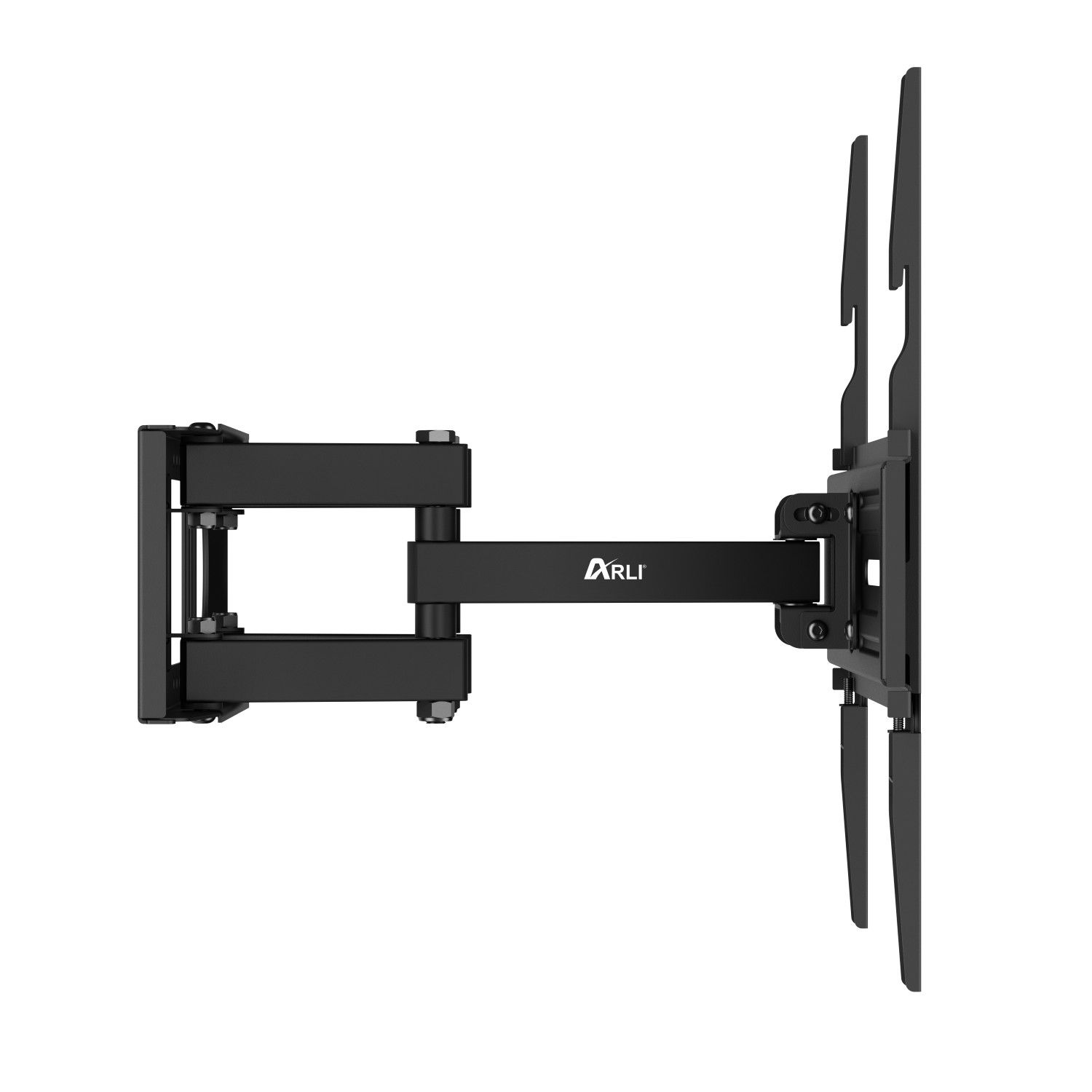 Schwarze TV-Wandhalterung mit Metallarm.