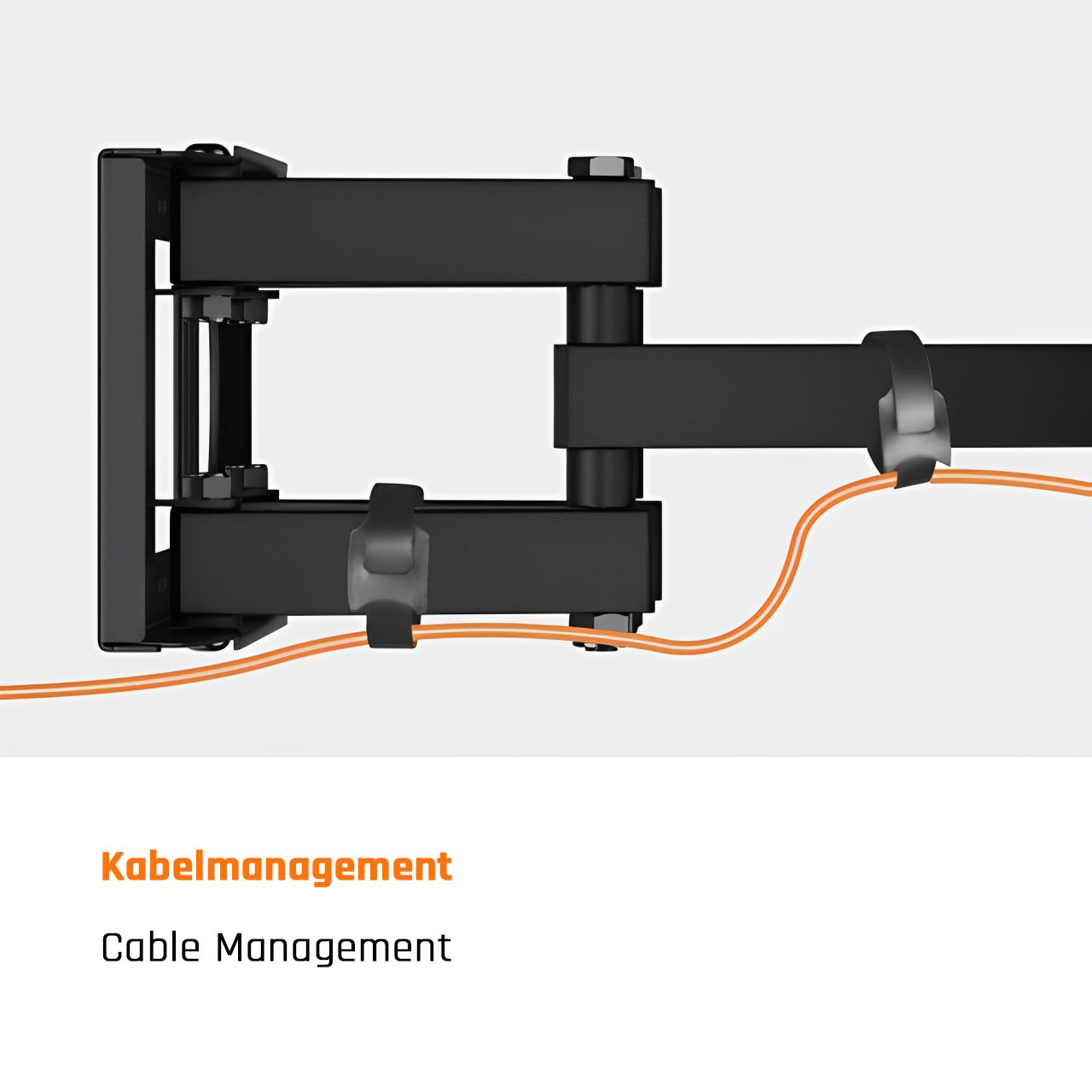 Schwarze TV-Halterung mit Kabelführung, die den Mechanismus zeigt. Sie befindet sich vor einer weißen Wand. Weißer Hintergrund.