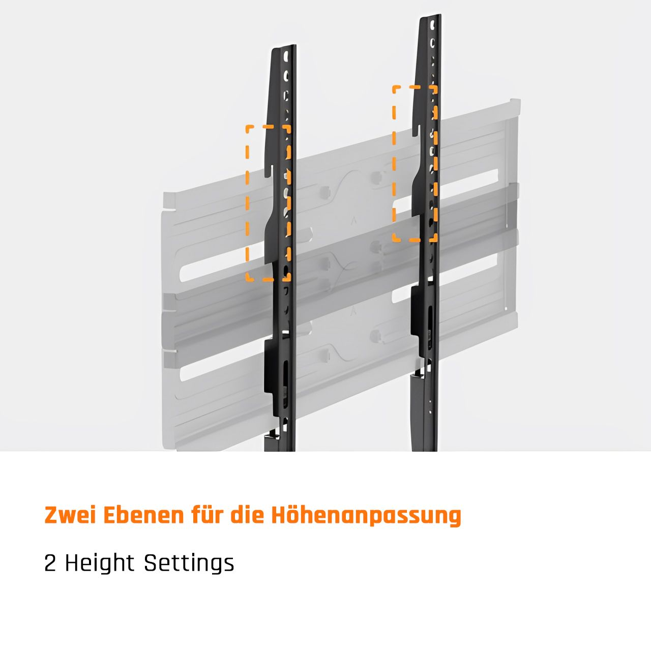 Zwei schwarze Metallstützen mit orangefarbenen Akzenten, hinter einer grauen rechteckigen Form.
