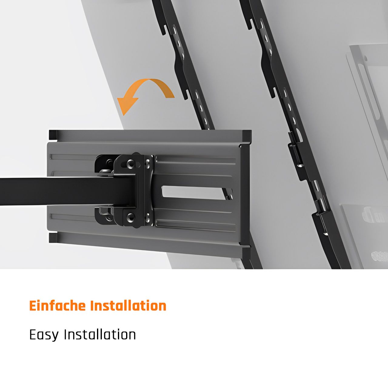 TV-Halterung in Grau, mit orangefarbenem Pfeil. Text „Einfache Installation“ unten.