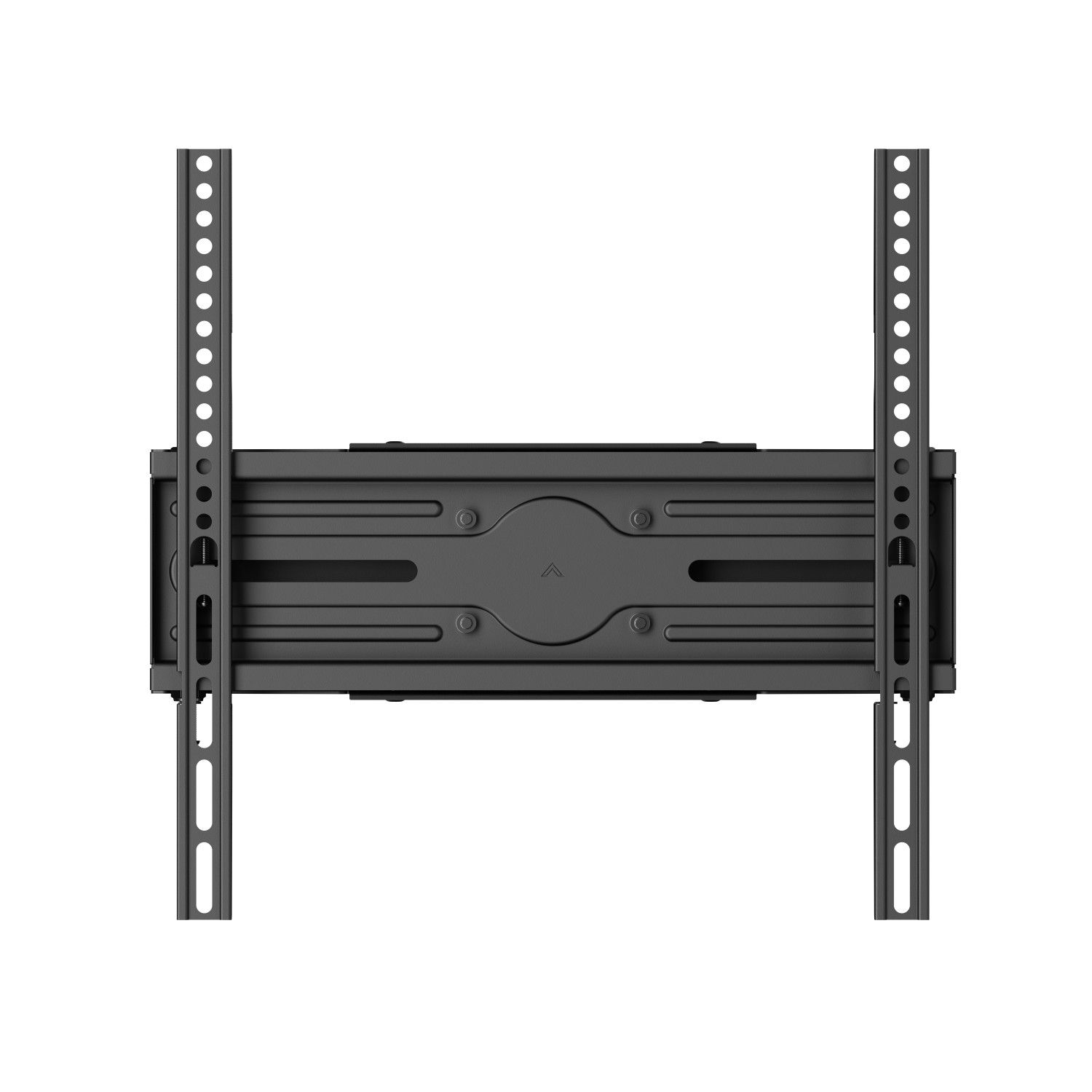 Eine schwarze TV-Halterung auf weißem Hintergrund, zur Aufnahme eines Fernsehers.