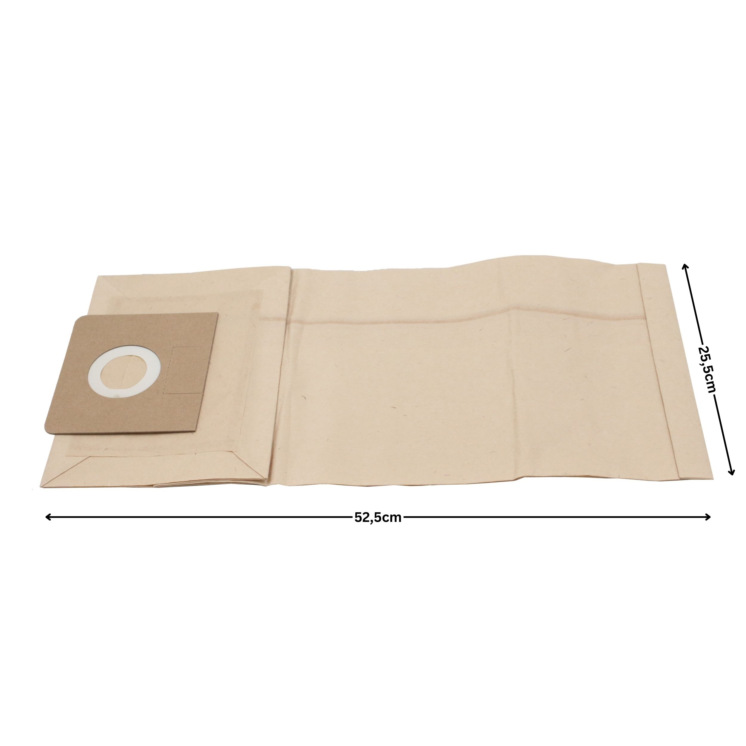 Beige Staubsaugerbeutel mit Kartonfront und mit Pfeilen markierten Abmessungen.