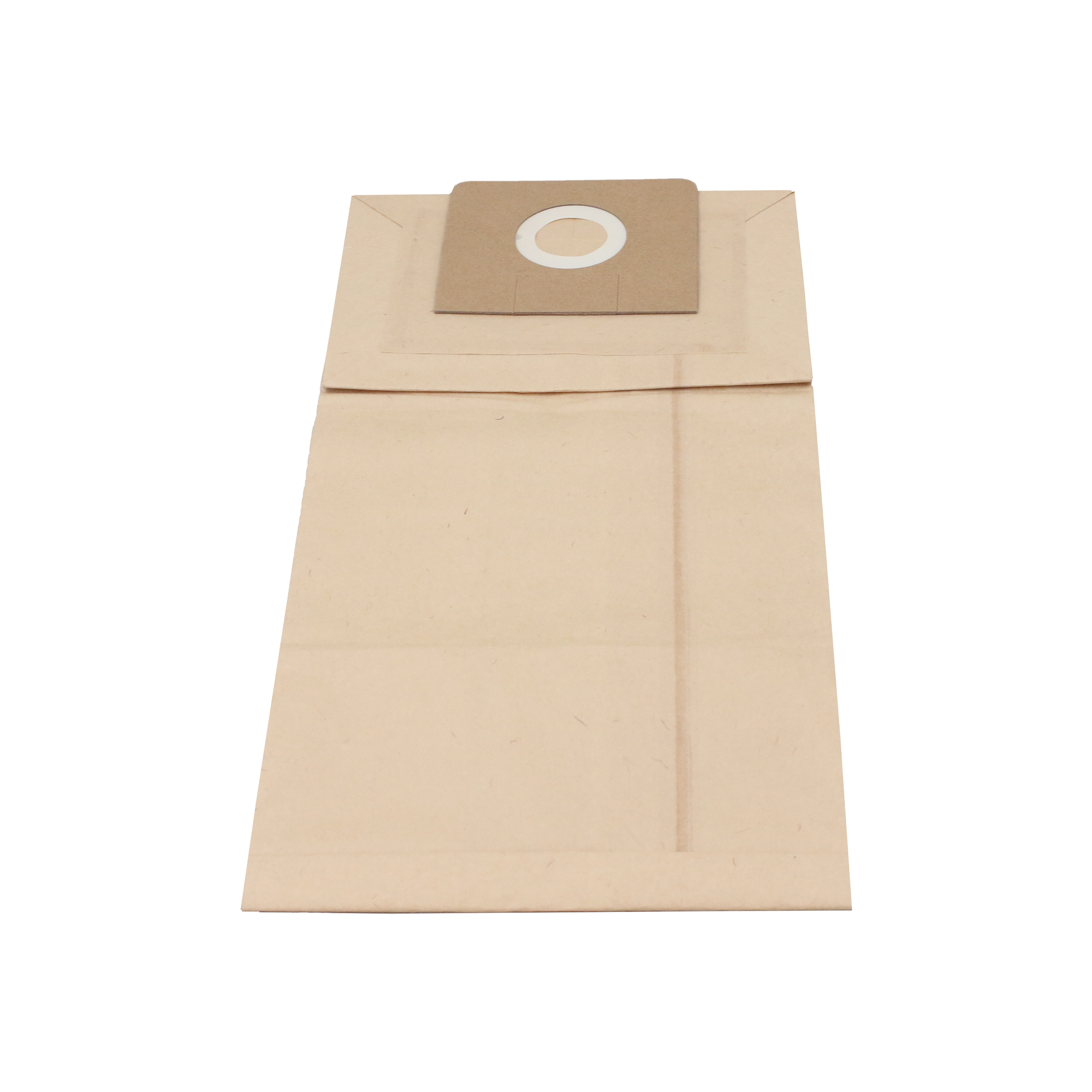 Beige Staubsaugerbeutel. Pappe mit kreisrunder Öffnung.