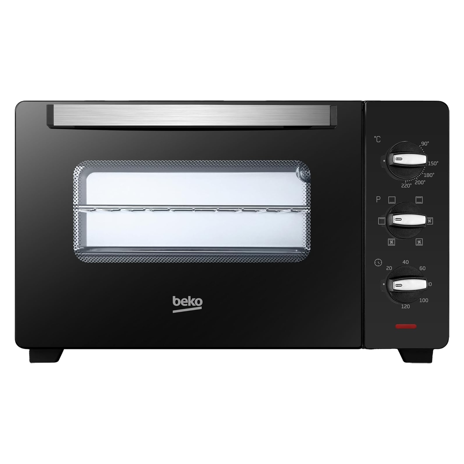 Forno Beko nero con manopole e porta in vetro. Ha il controllo della temperatura e del timer.
