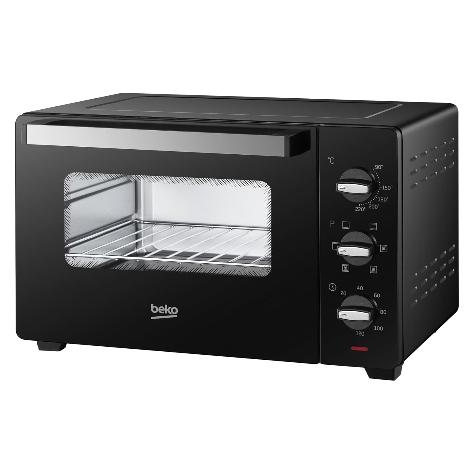 Forno nero con tre manopole a destra. All'interno, una griglia metallica visibile.