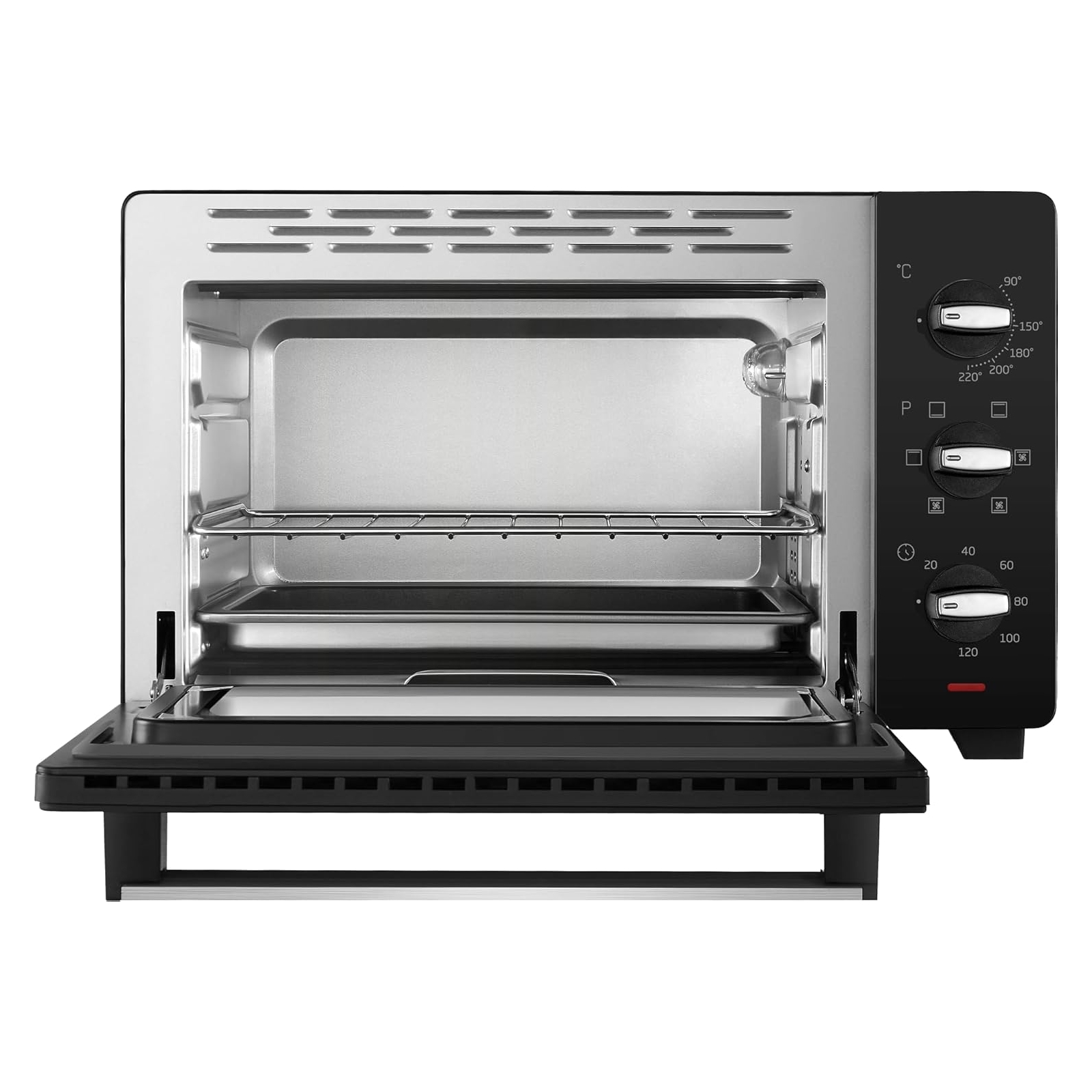 Forno elettrico aperto con interno in acciaio inox e comandi.