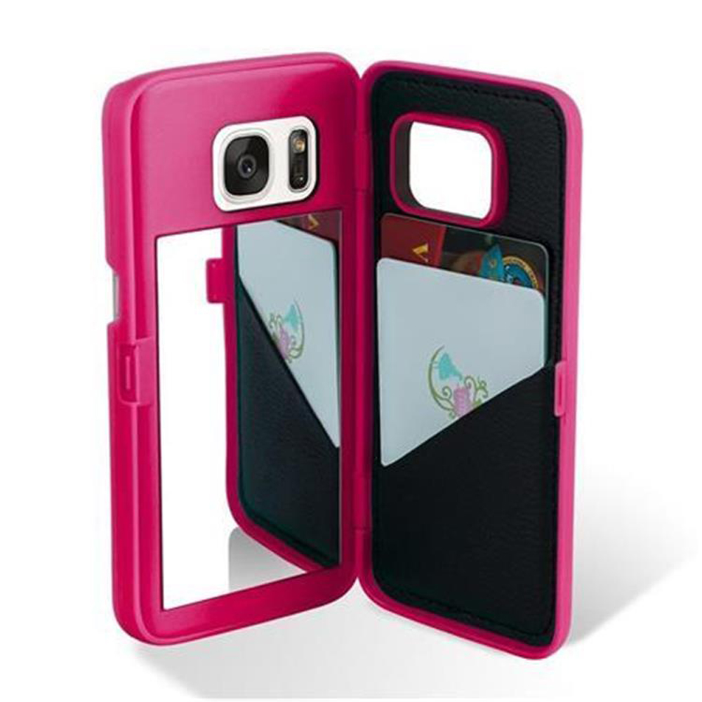 Una funda de teléfono rosa está abierta, con un espejo y una ranura para tarjetas. El fondo es blanco.