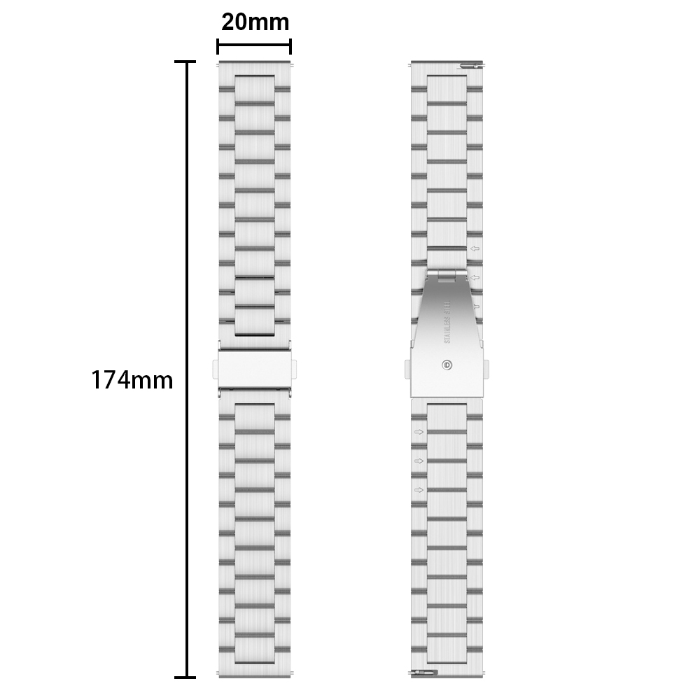 Silbernes Uhrenarmband mit Maßen. Das Band ist 20 mm breit und 174 mm lang.