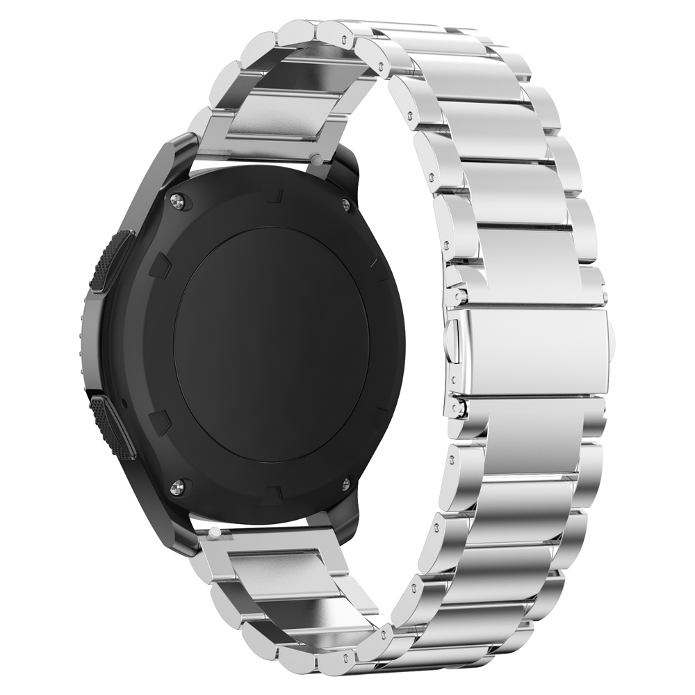 Uhr mit Edelstahlarmband. Die Rückseite der Uhr ist schwarz und mit einem Band versehen.