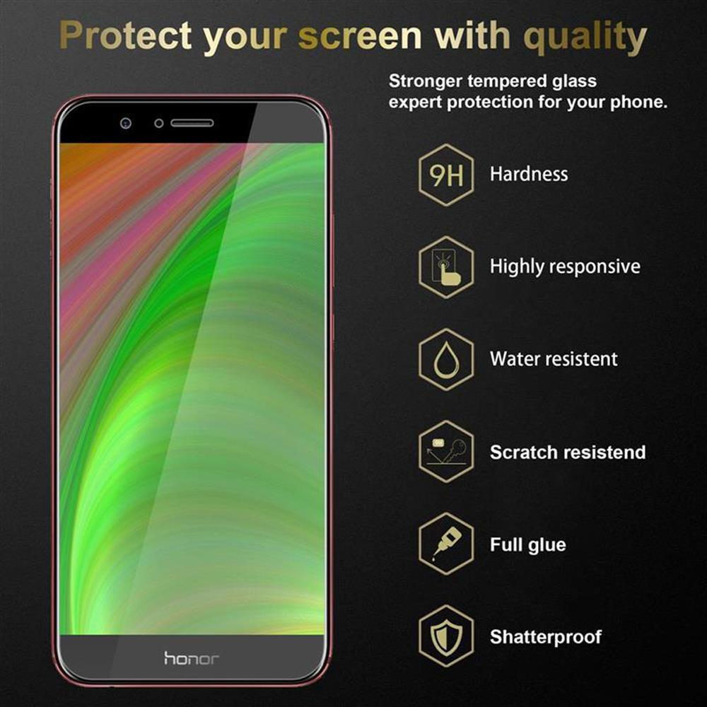Telefono con protezione schermo. Lo schermo mostra un'immagine colorata. Il testo evidenzia le caratteristiche di protezione.
