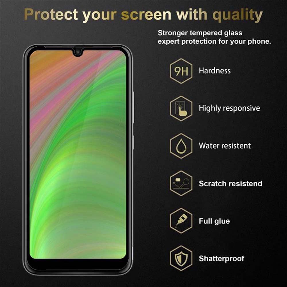 Protezione schermo telefono. Telefono trasparente con sfondo colorato e icone che mostrano le funzioni di protezione.