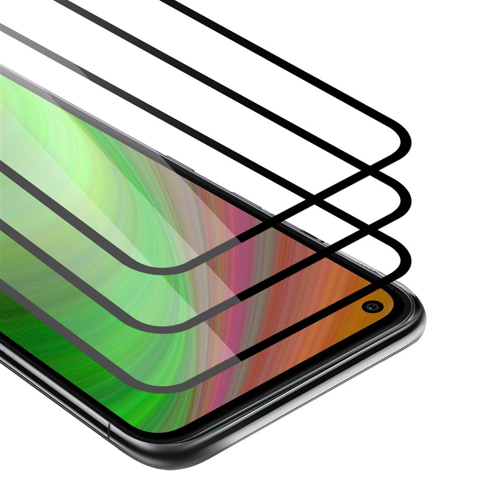 Strati di schermo del telefono con bordi curvi neri. Lo schermo mostra un'immagine astratta colorata. Sfondo bianco.