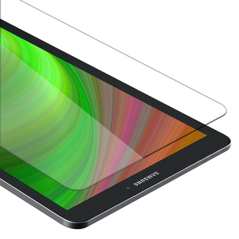 Tablet con protezione schermo applicata, che mostra uno sfondo astratto colorato.