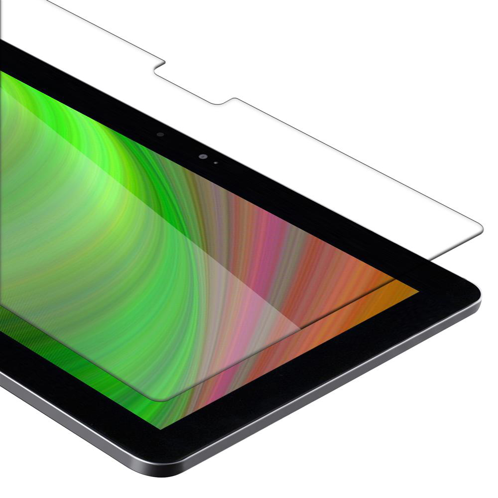Tablet con protezione schermo. Lo schermo è verde e rosa. Una protezione schermo bianca è in cima.