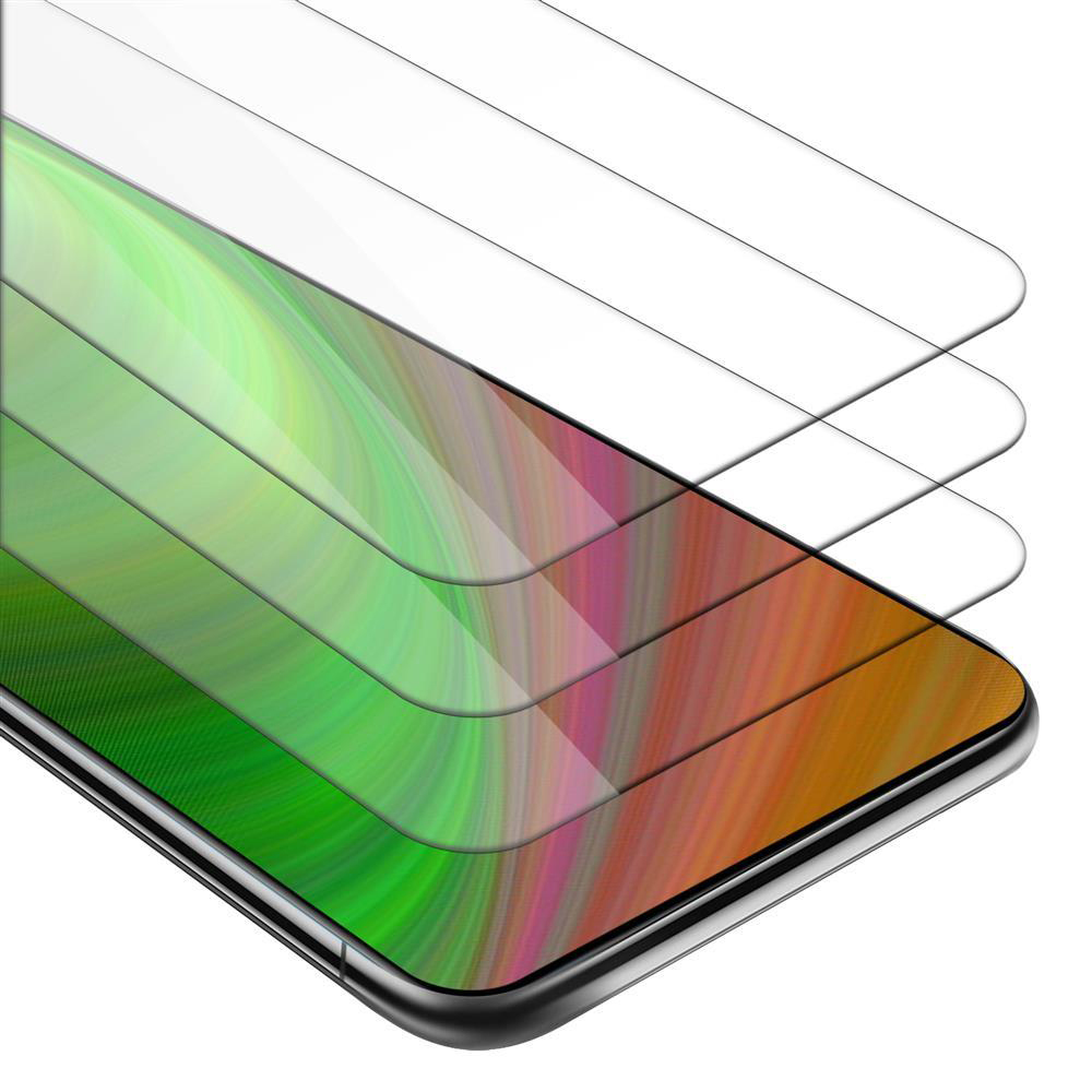 Tre proteggi schermo su un telefono con schermo colorato su sfondo bianco.