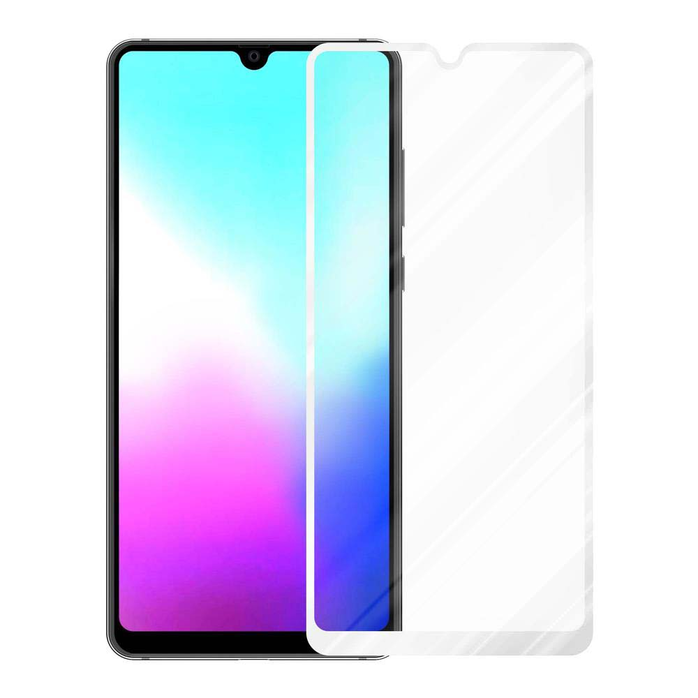 Telefono con protezione sullo schermo. Sfondo bianco. Fotocamera frontale visibile.