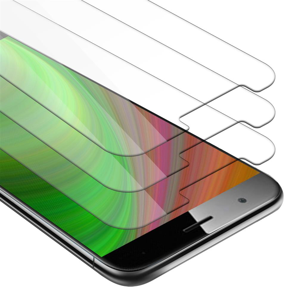 Tre protezioni per lo schermo su un telefono. Coprono lo schermo. Colori verde, arancione e bianco.