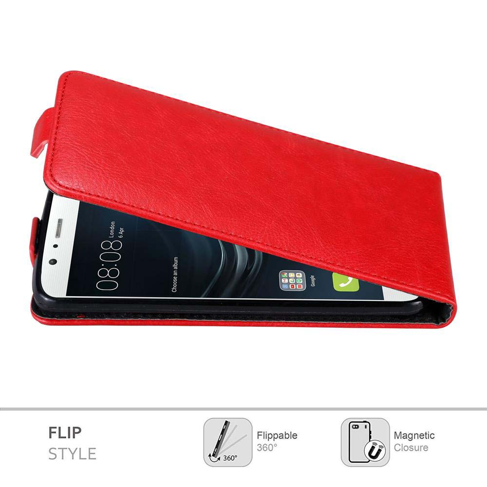 Custodia per telefono rossa con un telefono dentro. La custodia è aperta, mostrando lo schermo.