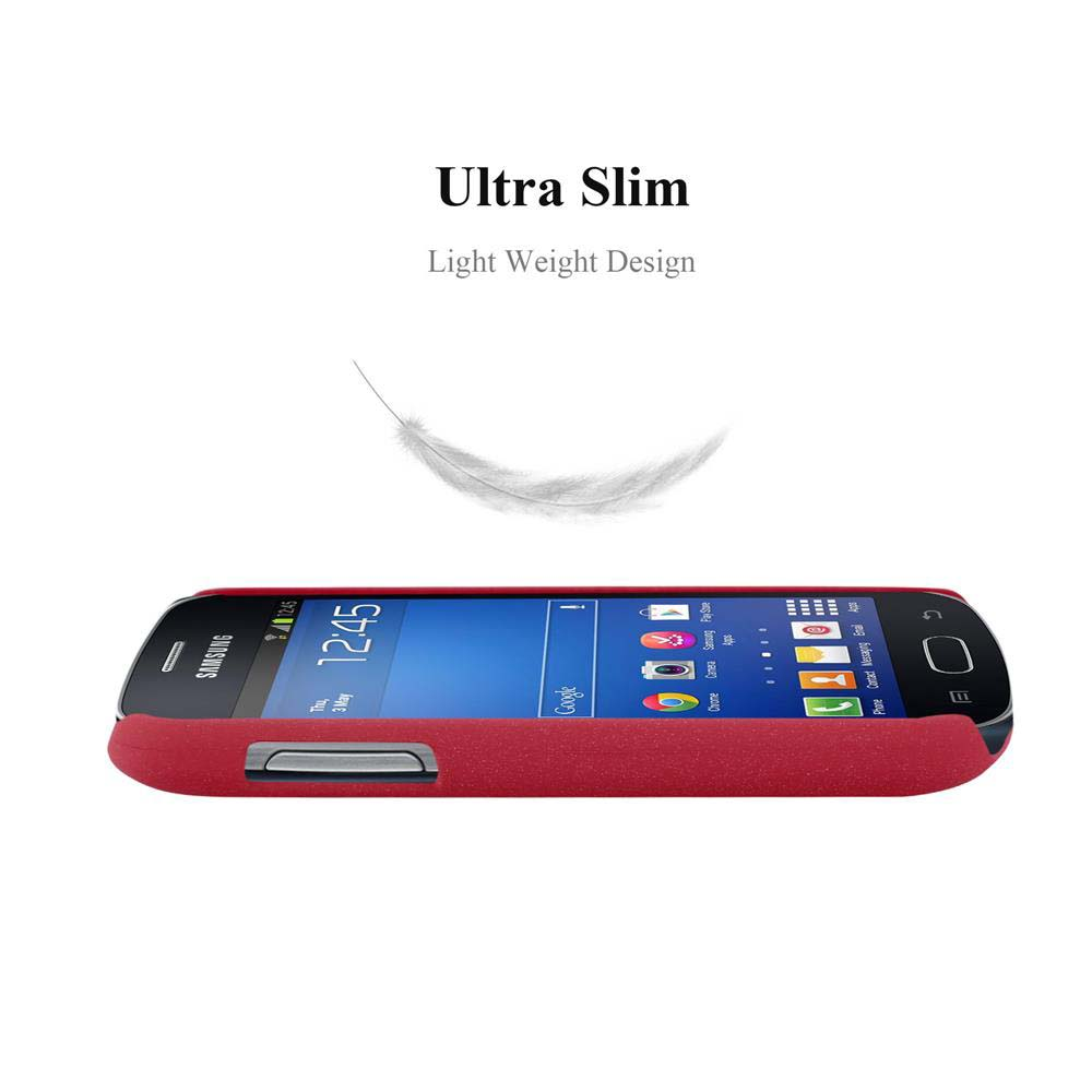 Custodia rossa per telefono con un telefono Samsung all'interno, con testo.