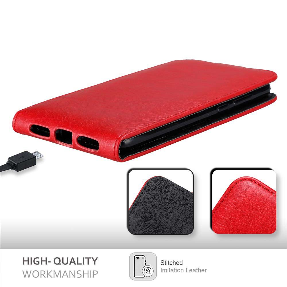 Custodia rossa con telefono, cavo USB e immagini dettagliate.