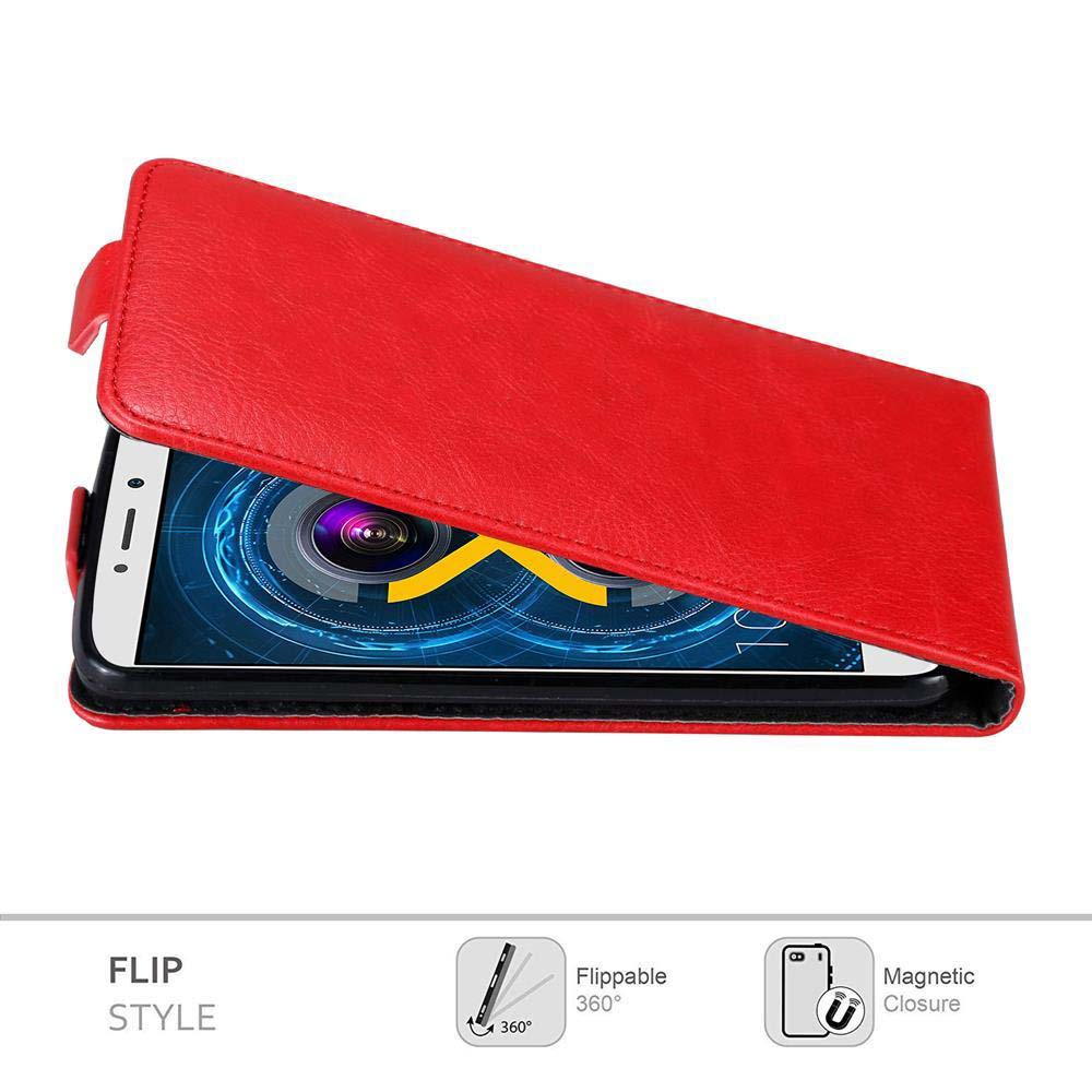 Custodia per telefono rossa, aperta, che mostra un telefono. La custodia ha uno stile a flip con chiusura magnetica.