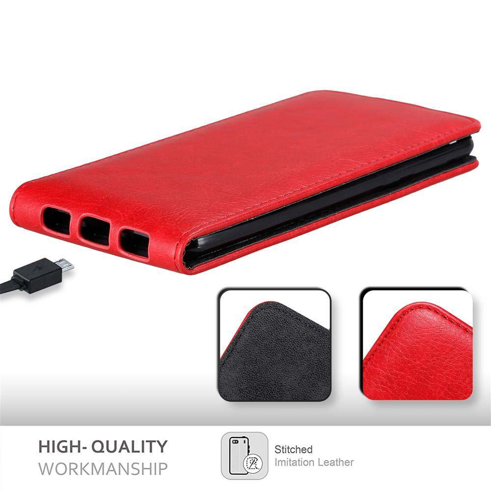 Custodia rossa per telefono con interno nero, che mostra una porta di ricarica e un primo piano delle cuciture e dei dettagli in pelle.