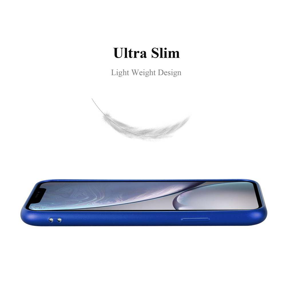 Una custodia blu per telefono con un telefono all'interno. Una piuma fluttua sopra il telefono.