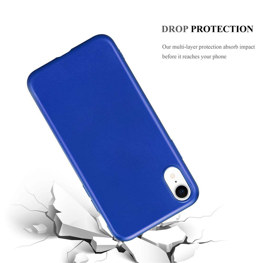 Custodia blu per telefono che cade su cemento bianco rotto. Testo: PROTEZIONE CADUTA. La protezione multistrato assorbe l'impatto.