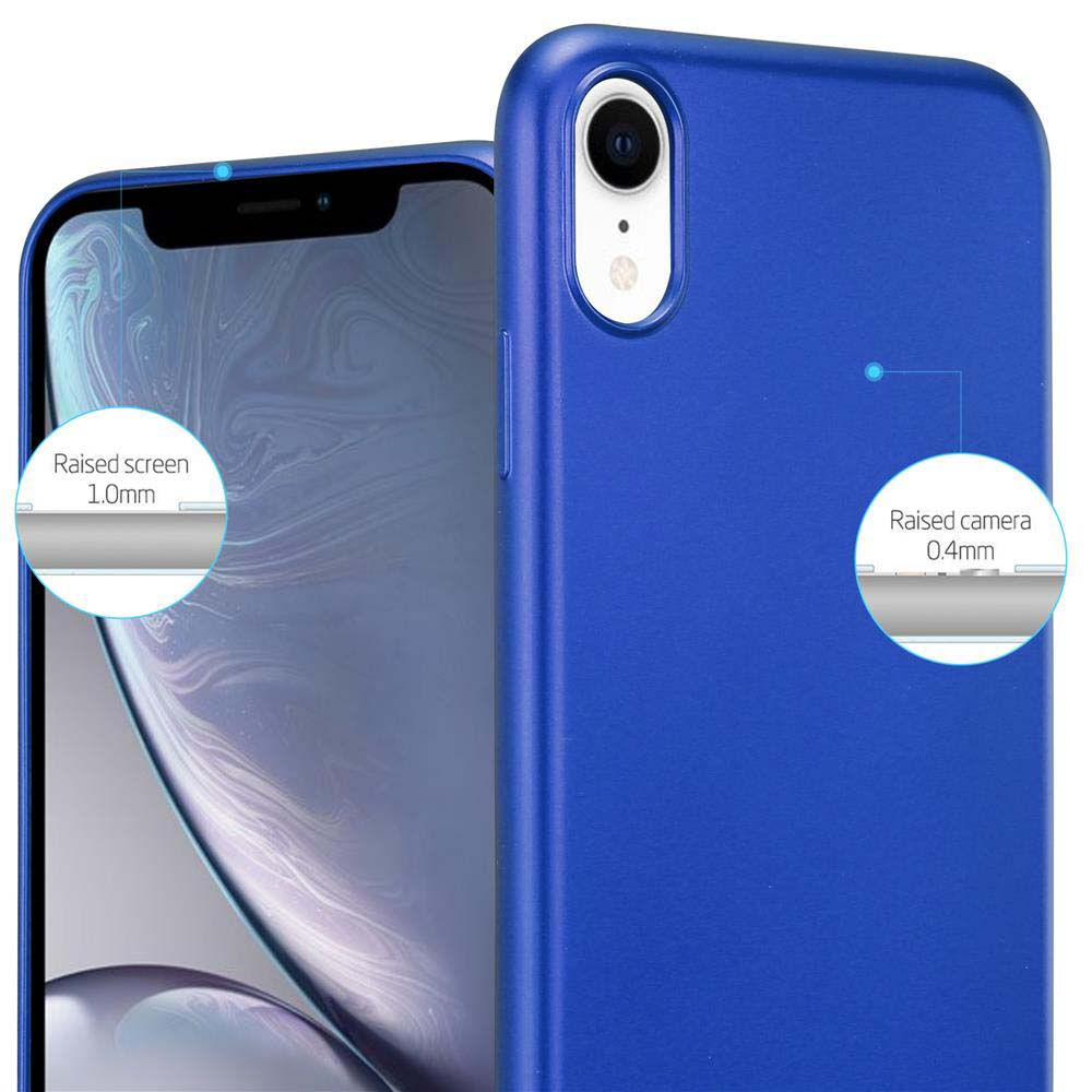 Una custodia blu per telefono che mostra un telefono con schermo e dettagli della fotocamera. Schermo e fotocamera rialzati.