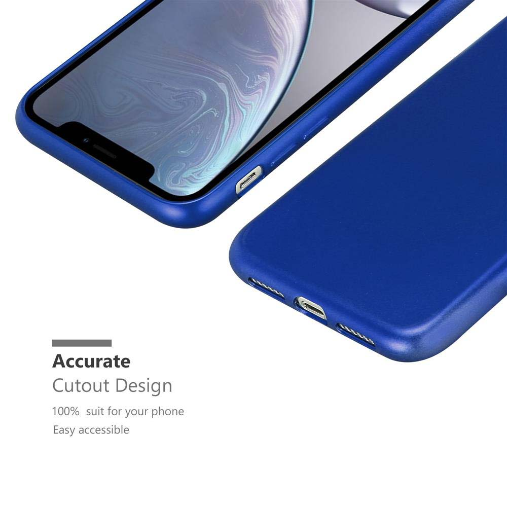 Due custodie blu per telefono, una che mostra i bordi del telefono, l'altra il retro, con il design ritagliato.