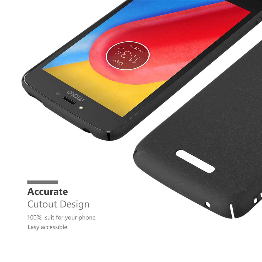 Ein schwarzes Telefon mit schwarzer Hülle. Der Bildschirm ist mit Uhrzeit und Sonnensymbol eingeschaltet. Hülle hat Aussparungen.