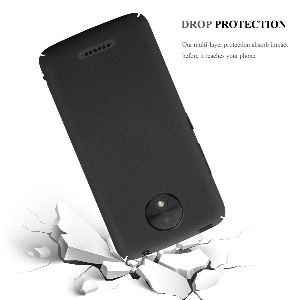 Schwarze Handyhülle über zerbrochenem Boden, mit Text 'DROP PROTECTION' und einer zerbrochenen Oberfläche.