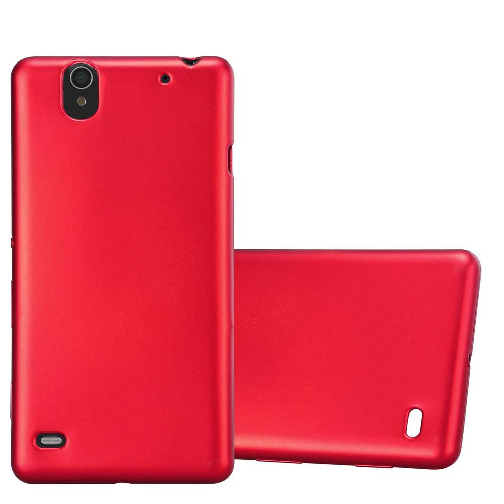 Funda roja para teléfono con recorte para la cámara, colocada sobre superficie blanca. Hay otra al lado.